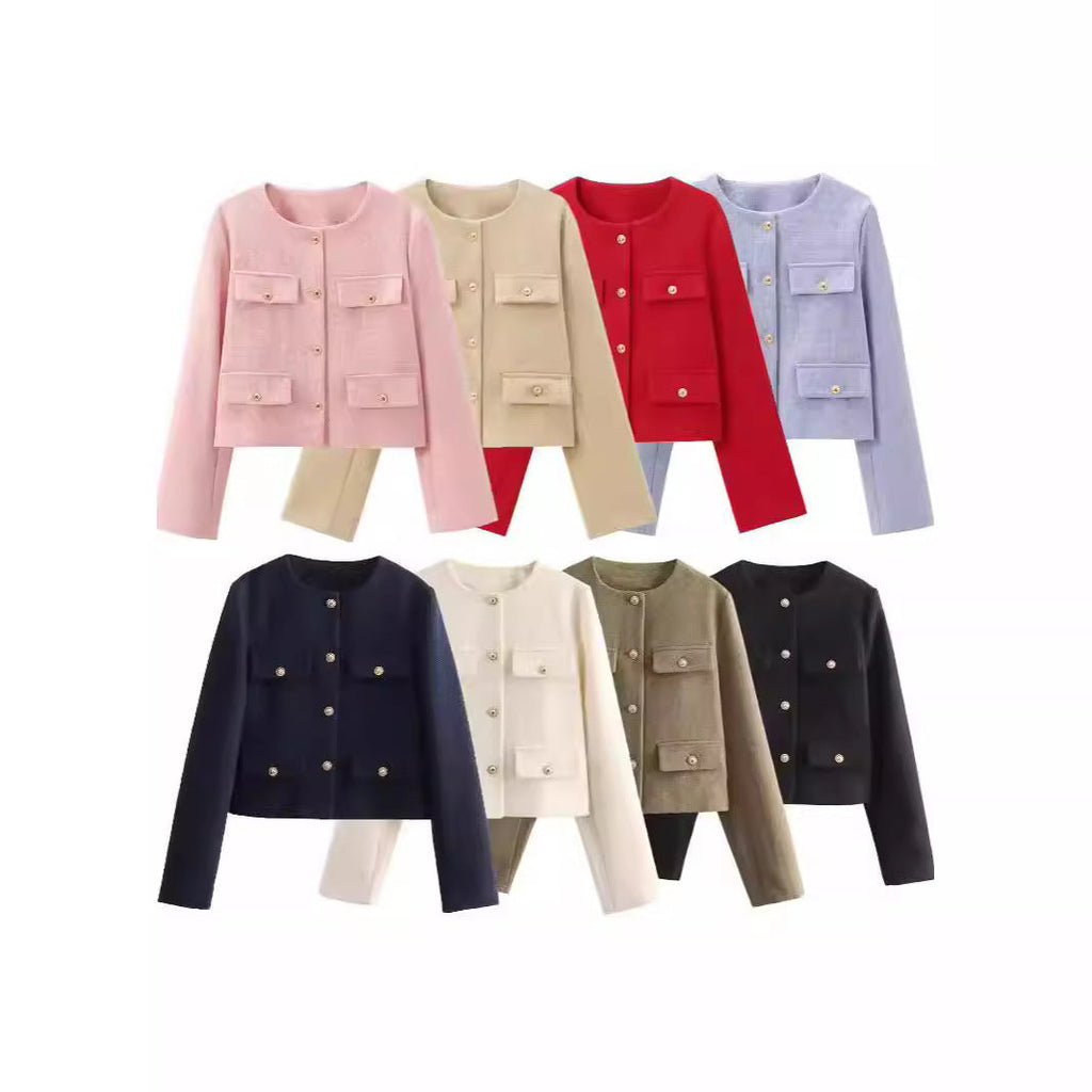 Pocket-decorated Crew-neck Cropped Chic Chanel-style Jacket Top