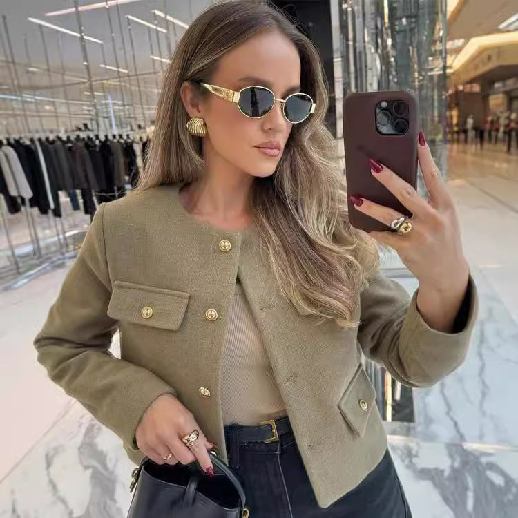 Pocket-decorated Crew-neck Cropped Chic Chanel-style Jacket Top