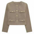 Pocket-decorated Crew-neck Cropped Chic Chanel-style Jacket Top