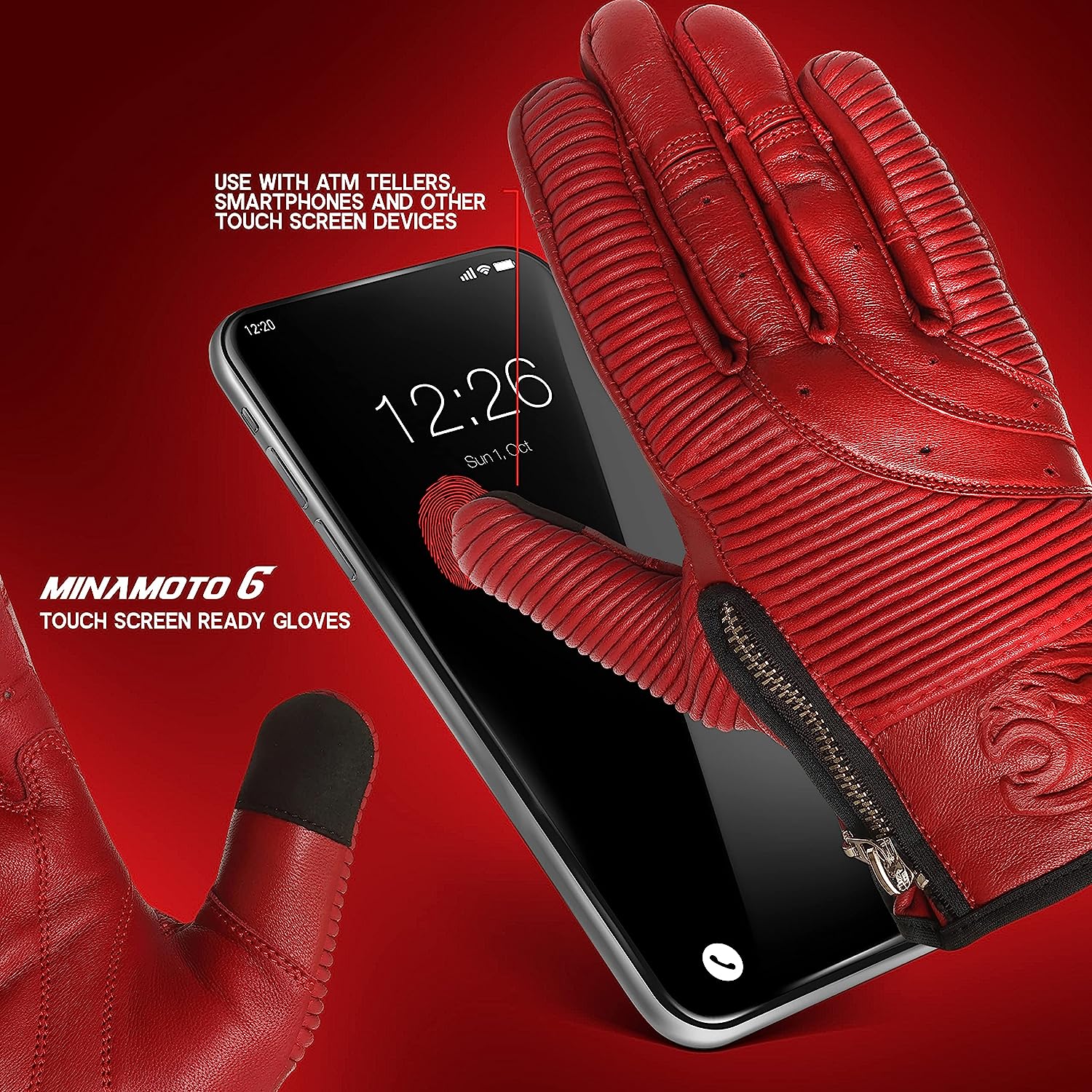 Red Minamoto Motorcycle Riding Gloves with Zip Closure